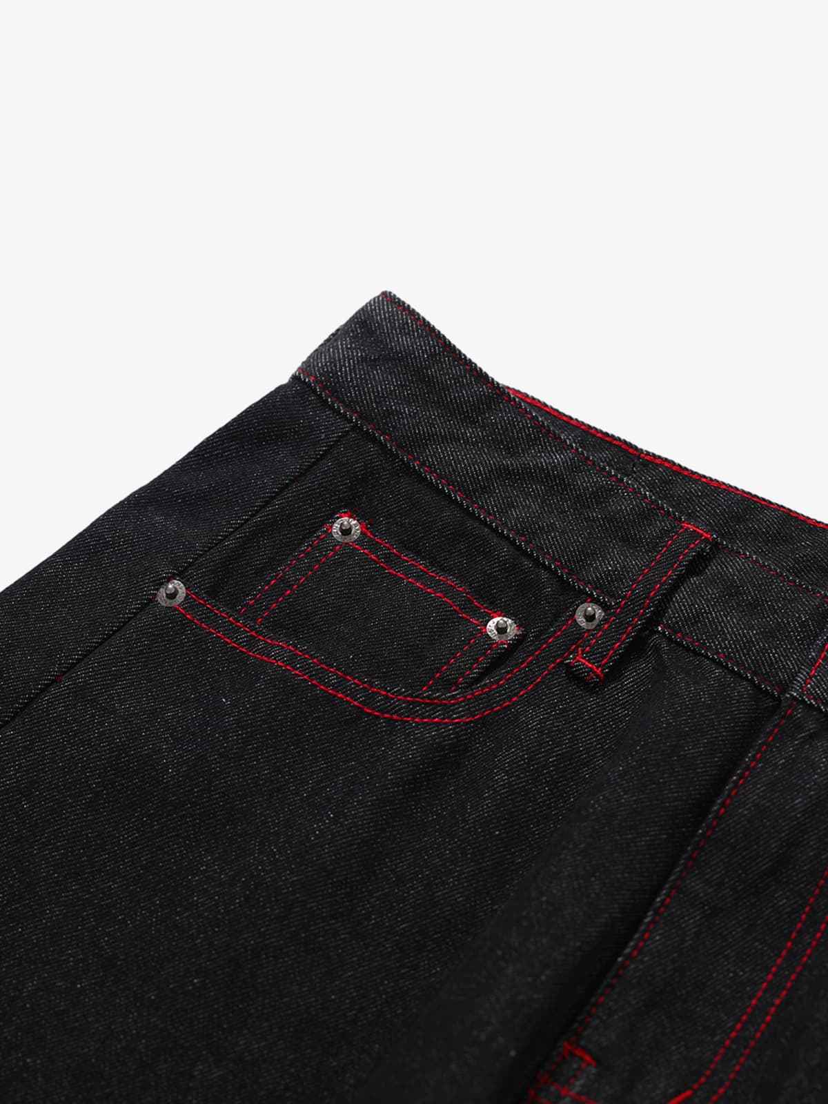 Retro Red Contrast Stitching Pocket Barrel Jeans