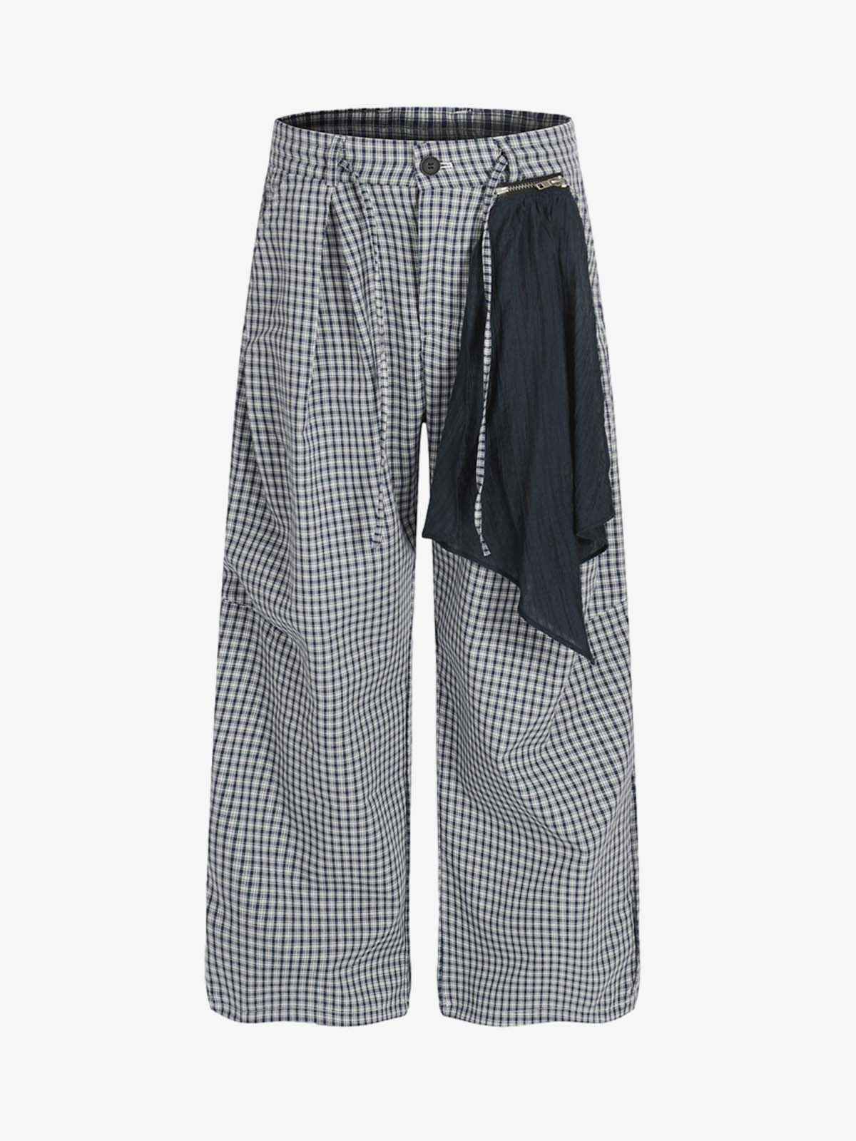 Checkered Pleated Detachable Front Panel Drawstring Pants