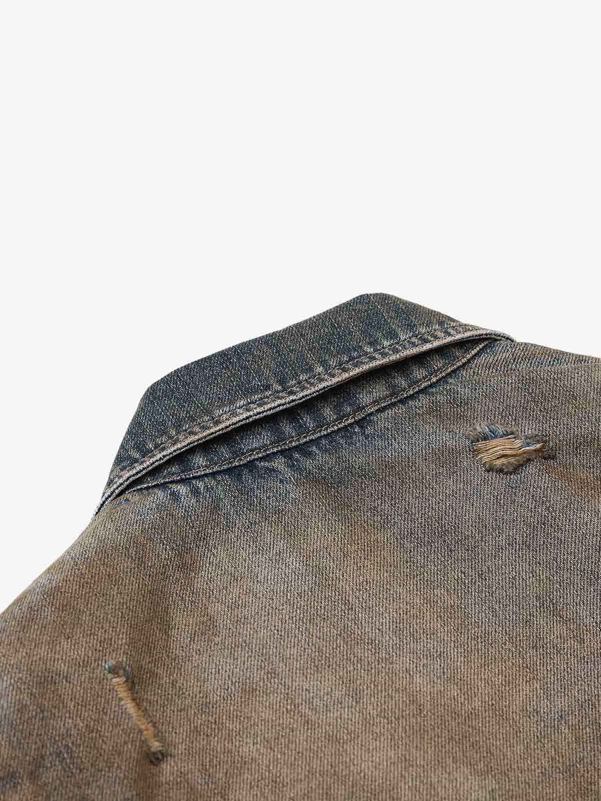 Vintage Washed Distressed Denim Zip Up Jacket
