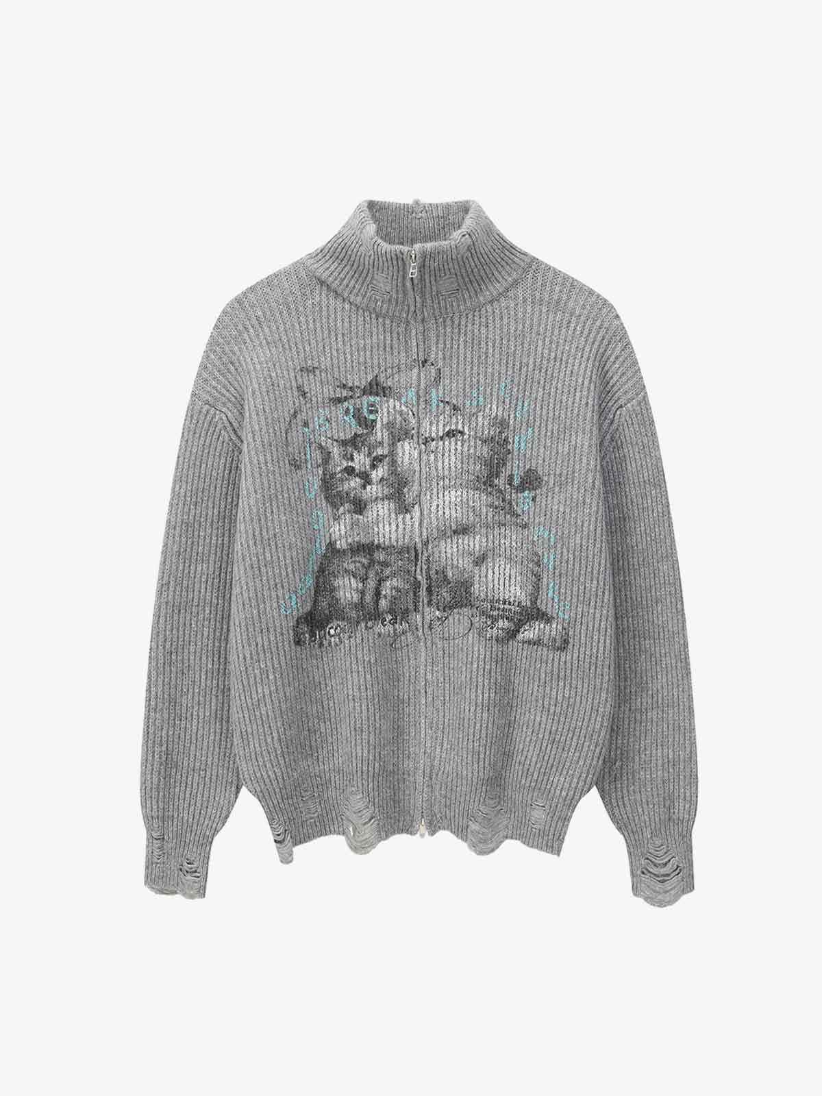Retro Distressed Cat Print Ribbed Zip-Up High-Neck Sweater