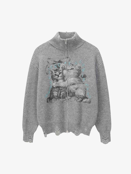Retro Distressed Cat Print Ribbed Zip-Up High-Neck Sweater