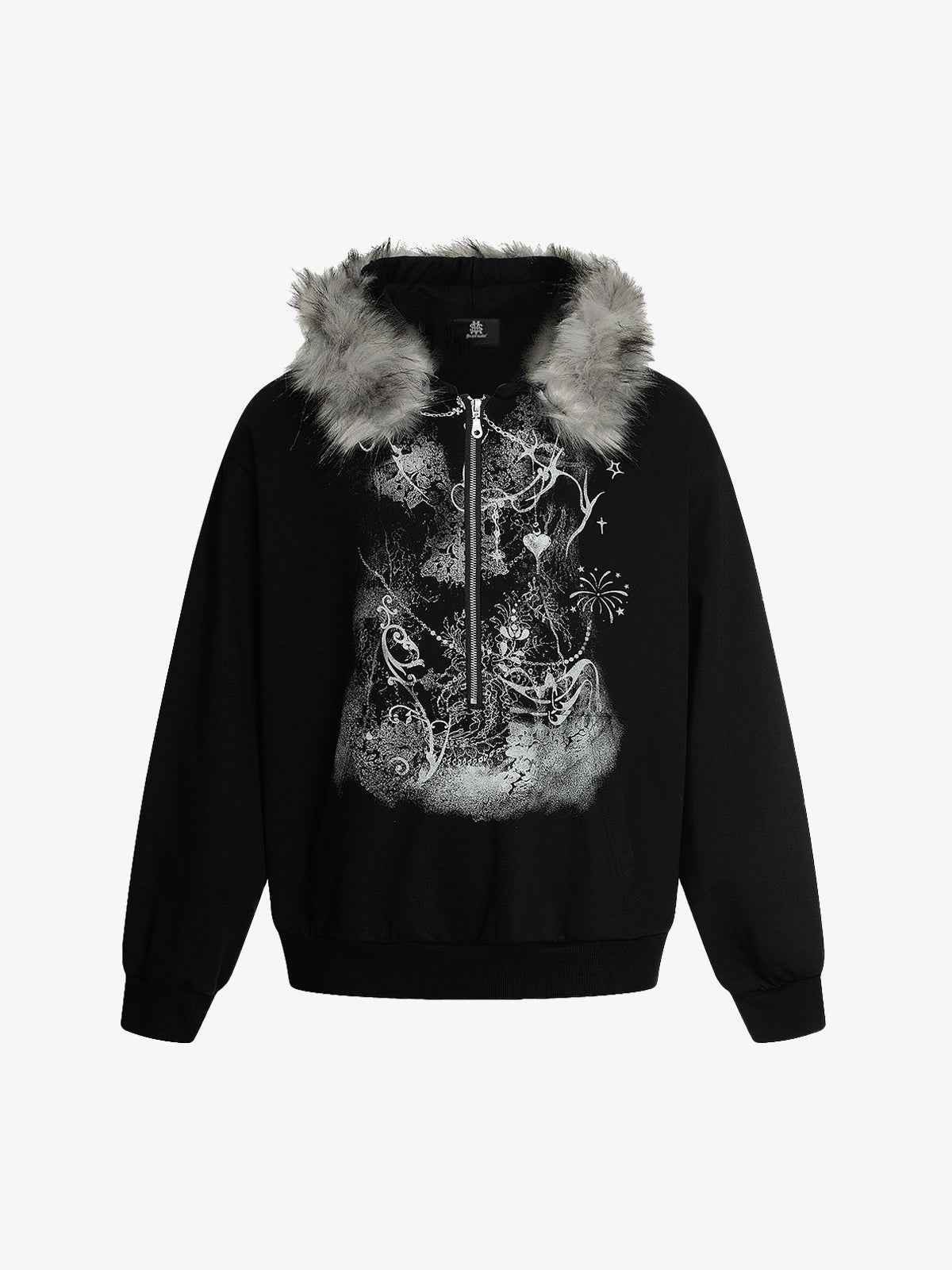 Detachable Fur Collar Printed Cardigan Half-Zip Hoodie