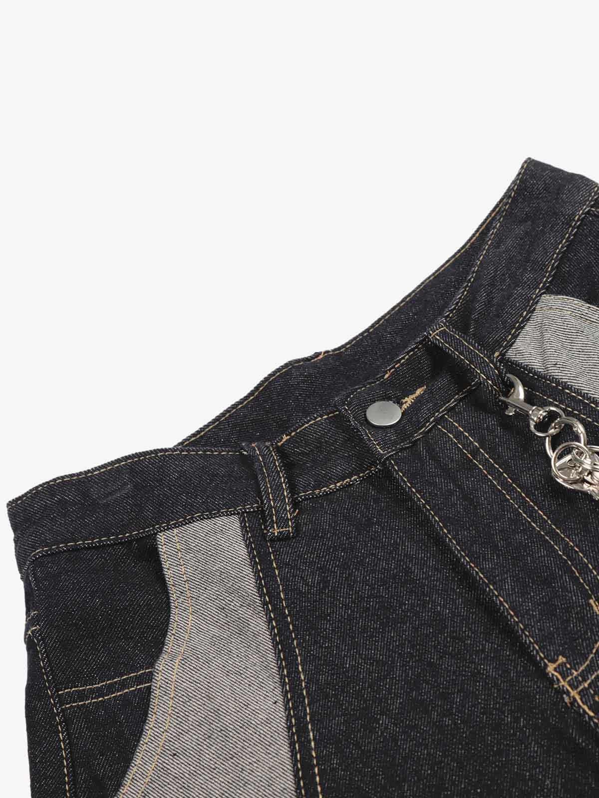 Contrast Panel Barrel Denim Jeans with Chain Detail - Luxuryurbanwear