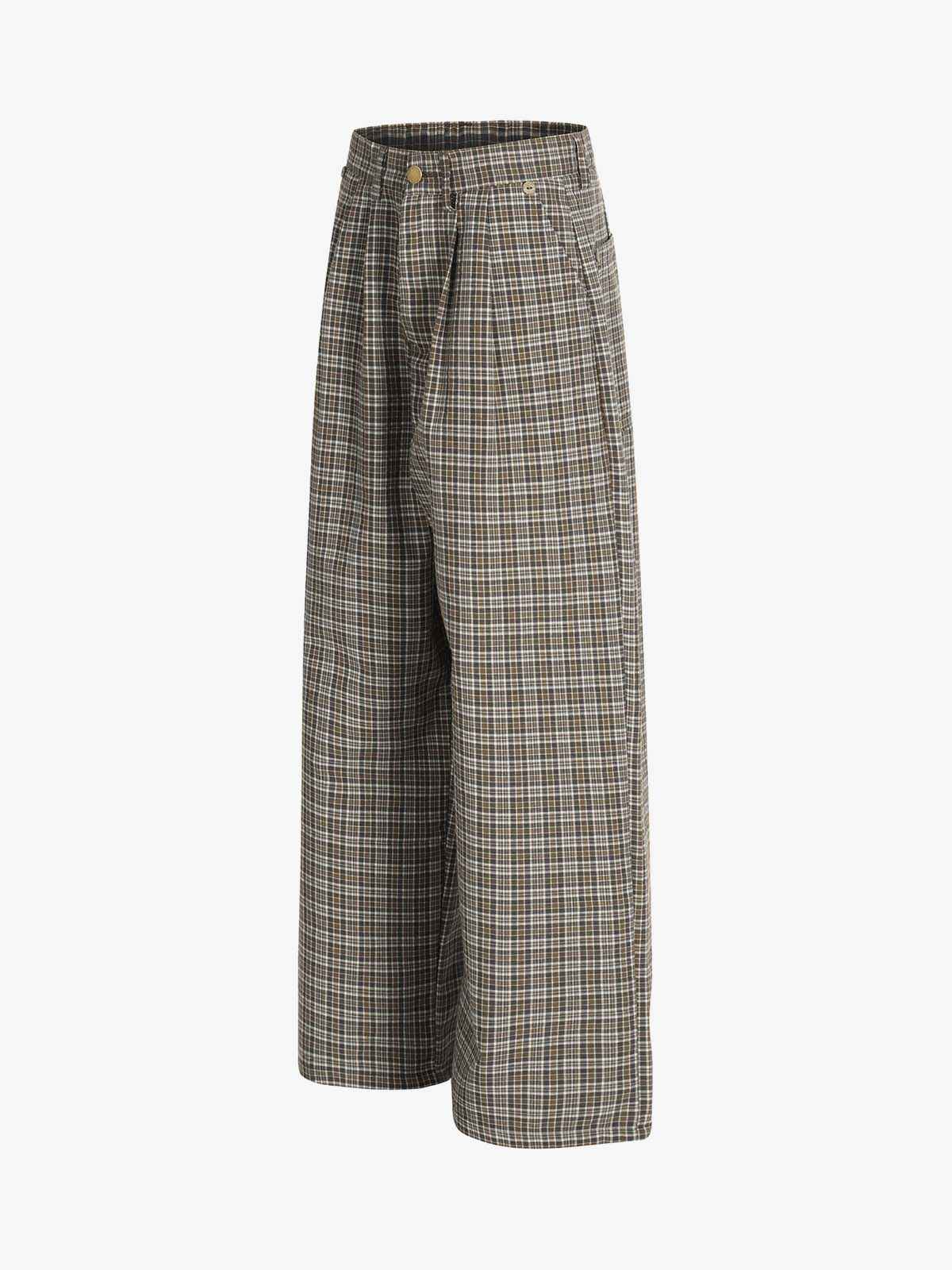 Vintage Plaid Pleated Wide Leg Pants