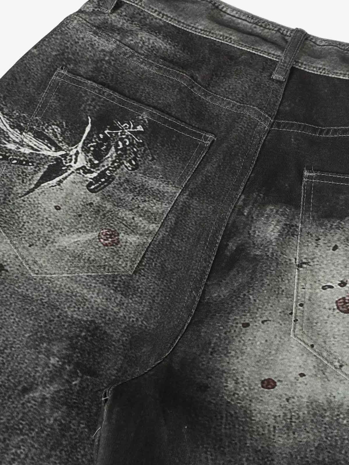 Abstract Graphic Print Wide Leg Barrel Jeans - Luxuryurbanwear