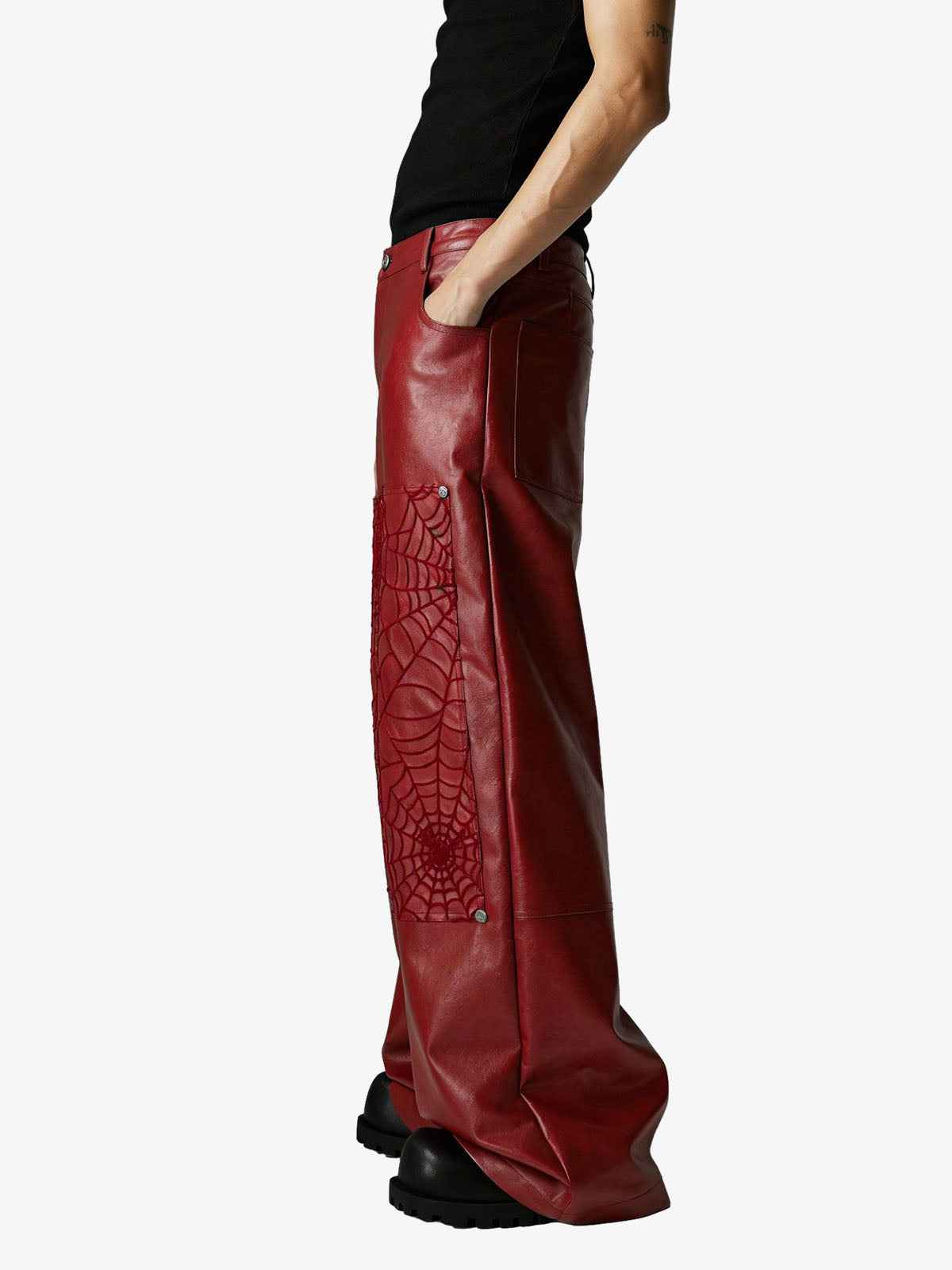 Spider Web Embossed Faux Leather Wide Leg Pants