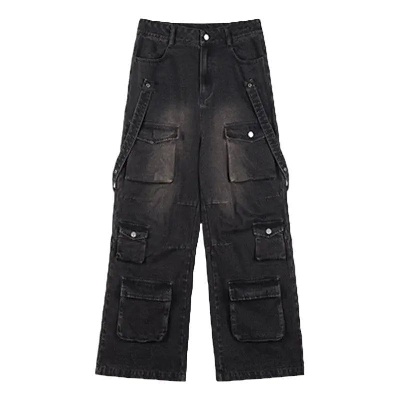 Baggy Washed Denim Cargo Pants - Multi-Pocket Streetwear | LuxuryUrbanwear
