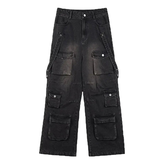 Baggy Washed Denim Cargo Pants - Multi-Pocket Streetwear | LuxuryUrbanwear