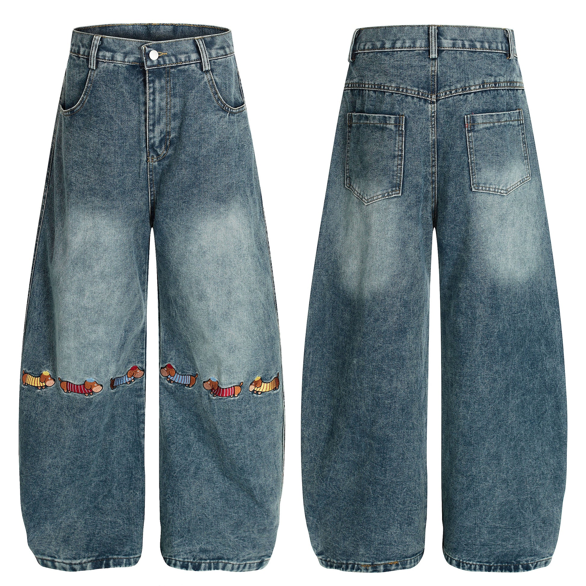 Pup Parade | Playful Dog Embroidered Denim Pants - Luxuryurbanwear