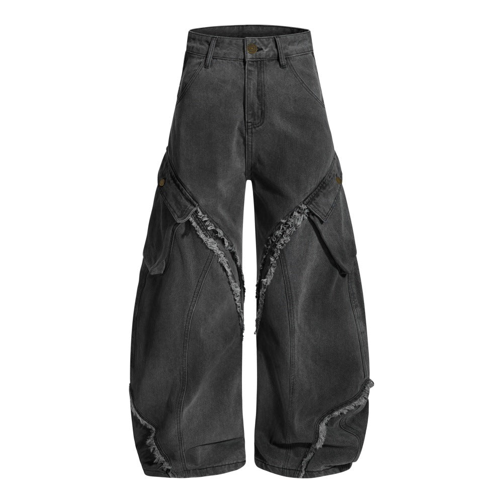Crush Fade | Frayed Cargo Barrel Jeans - Luxuryurbanwear