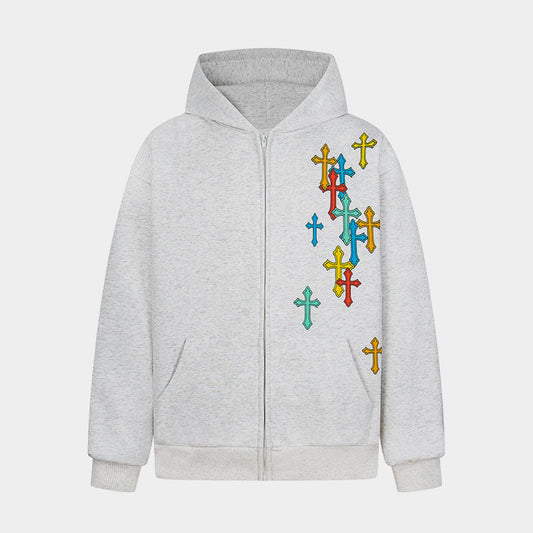 Colorful Cross Patch | Zip-Up Hoodie - Luxuryurbanwear