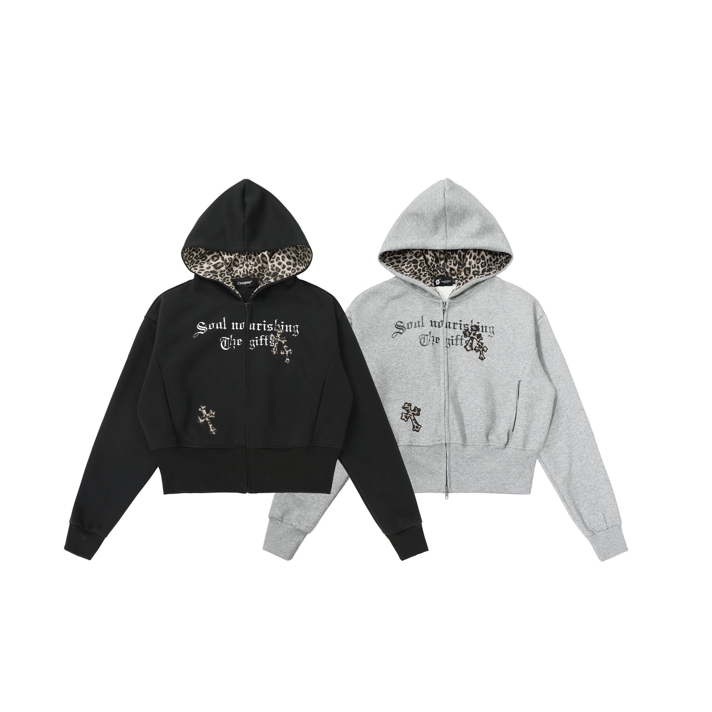 CrossCharm | Gothic Zip Hoodie with Leopard Lining - Luxuryurbanwear