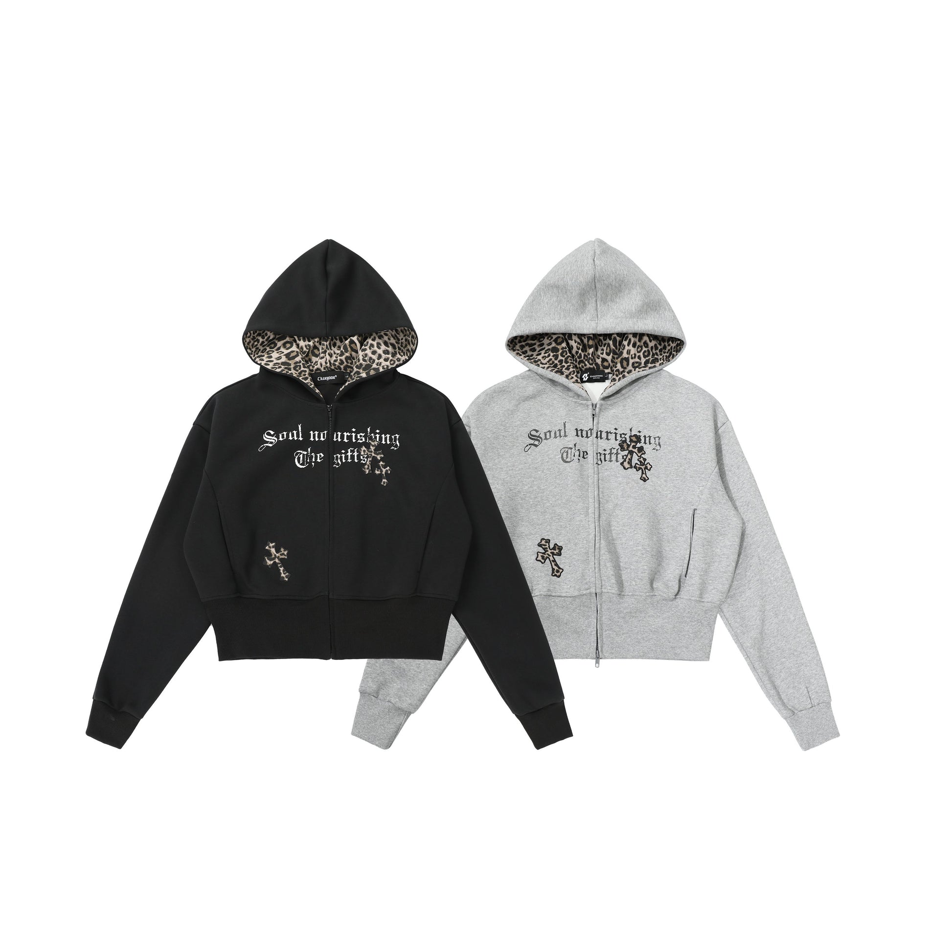 CrossCharm | Gothic Zip Hoodie with Leopard Lining - Luxuryurbanwear