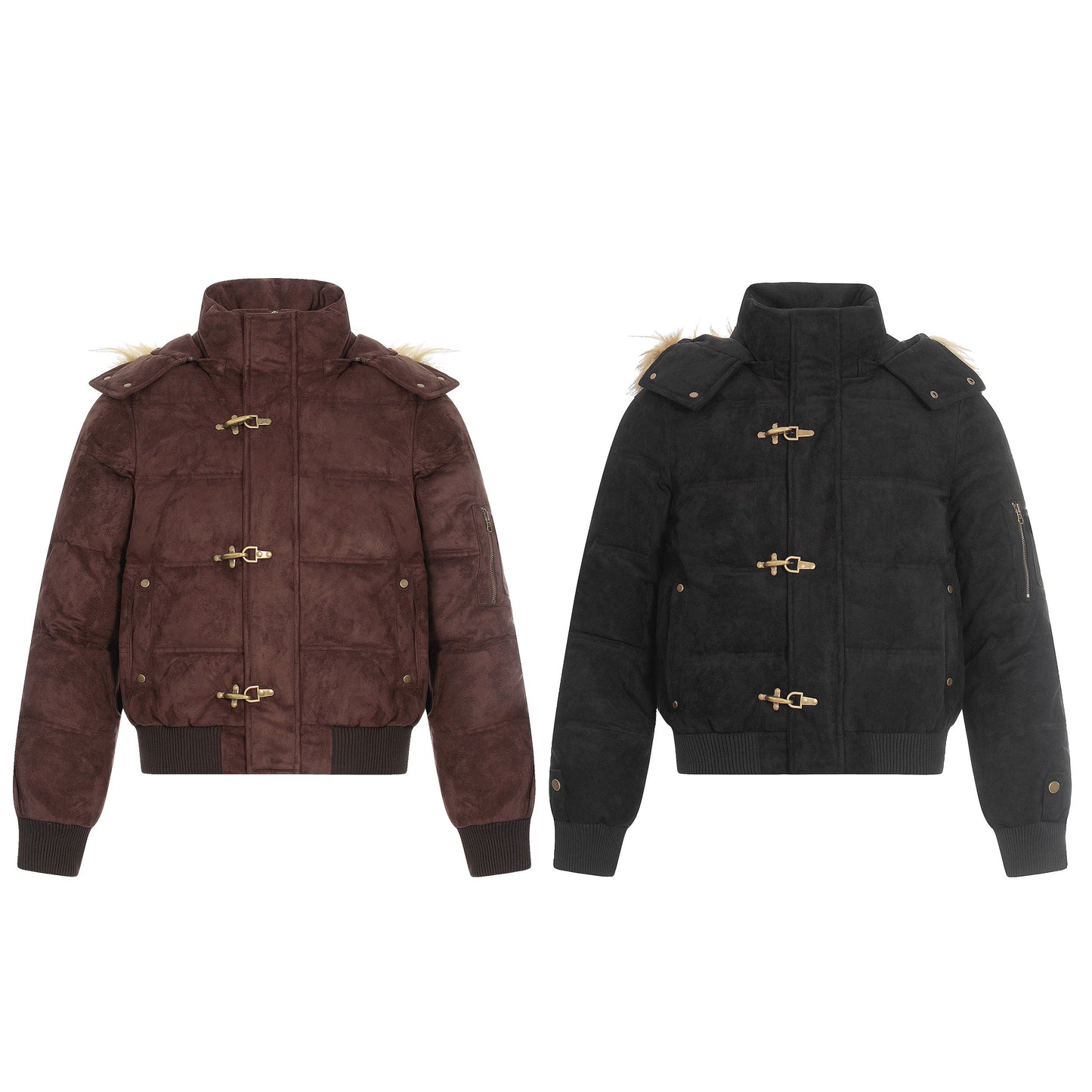 Alpine Buckle | Toggle-Front Faux Suede Puffer - Luxuryurbanwear