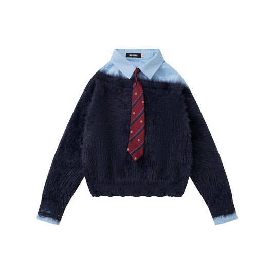 Preppy Fuzz | Mock-Layered Tie Collar Sweater - Luxuryurbanwear
