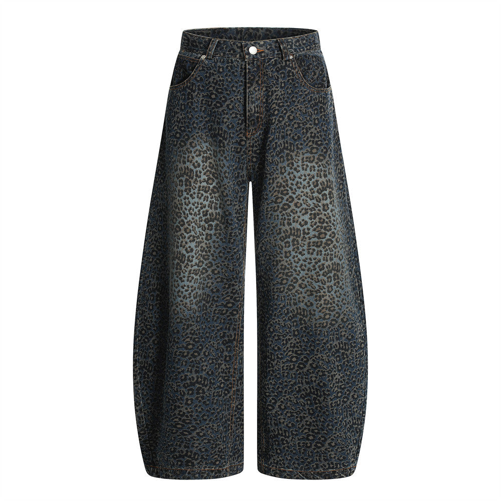 Leopard Print Barrel Jeans | Wide Leg High Rise Streetwear Denim - Luxuryurbanwear