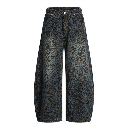 Leopard Print Barrel Jeans | Wide Leg High Rise Streetwear Denim - Luxuryurbanwear