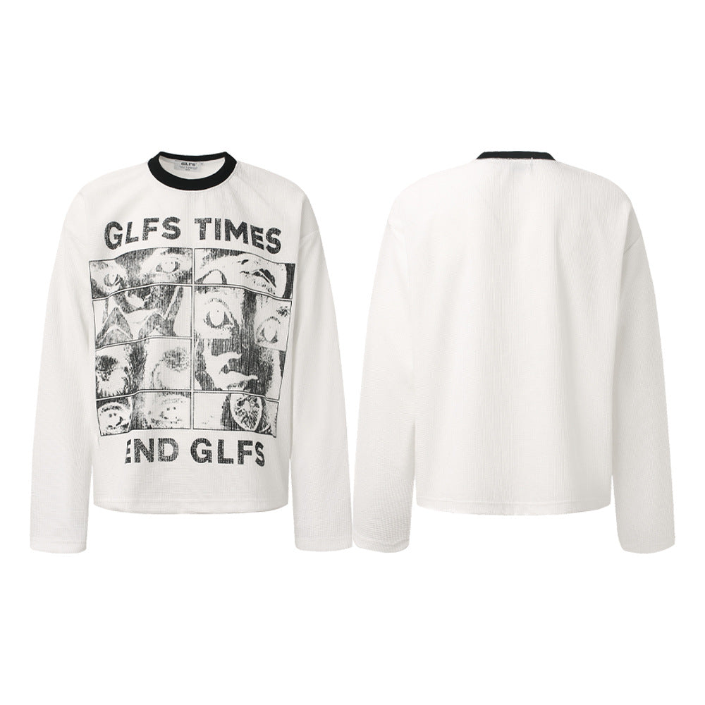 Letter Print Sweatshirt | Waffle Knit Long Sleeve Top - Luxuryurbanwear