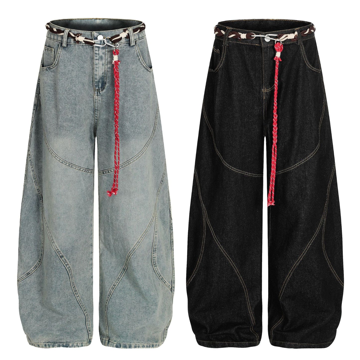 Denim Retro Belt Detail | Patchwork Barrel Jeans - Luxuryurbanwear