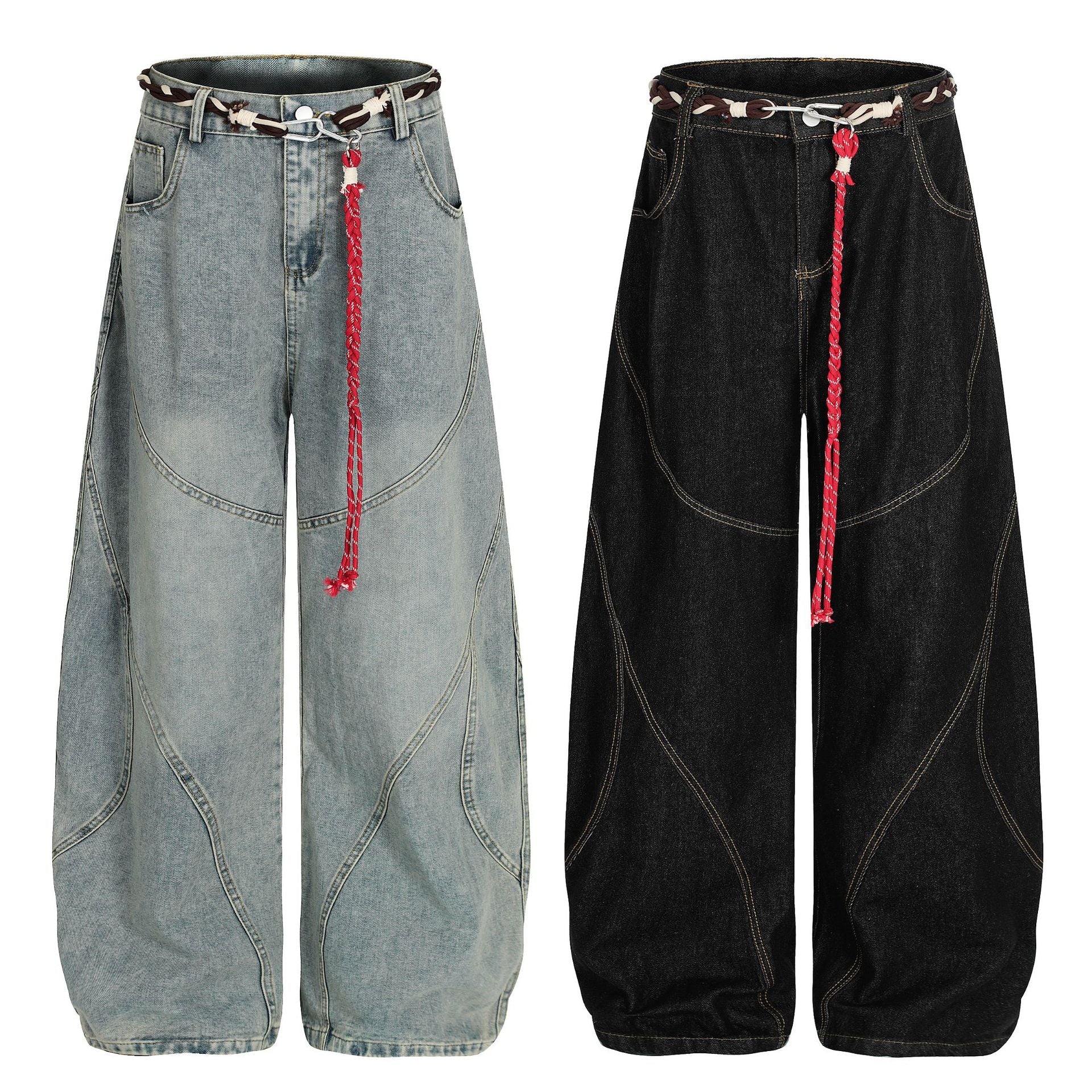 Denim Retro Belt Detail | Patchwork Barrel Jeans - Luxuryurbanwear