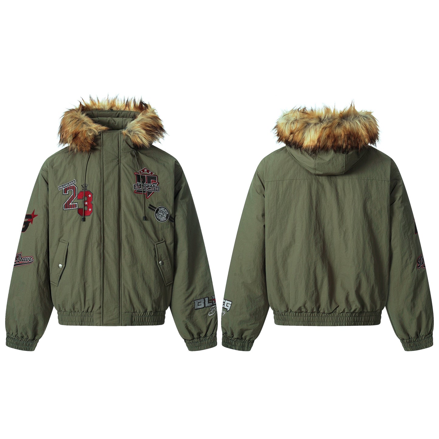 Patch Embroidered | Fur Hooded Jacket - Luxuryurbanwear