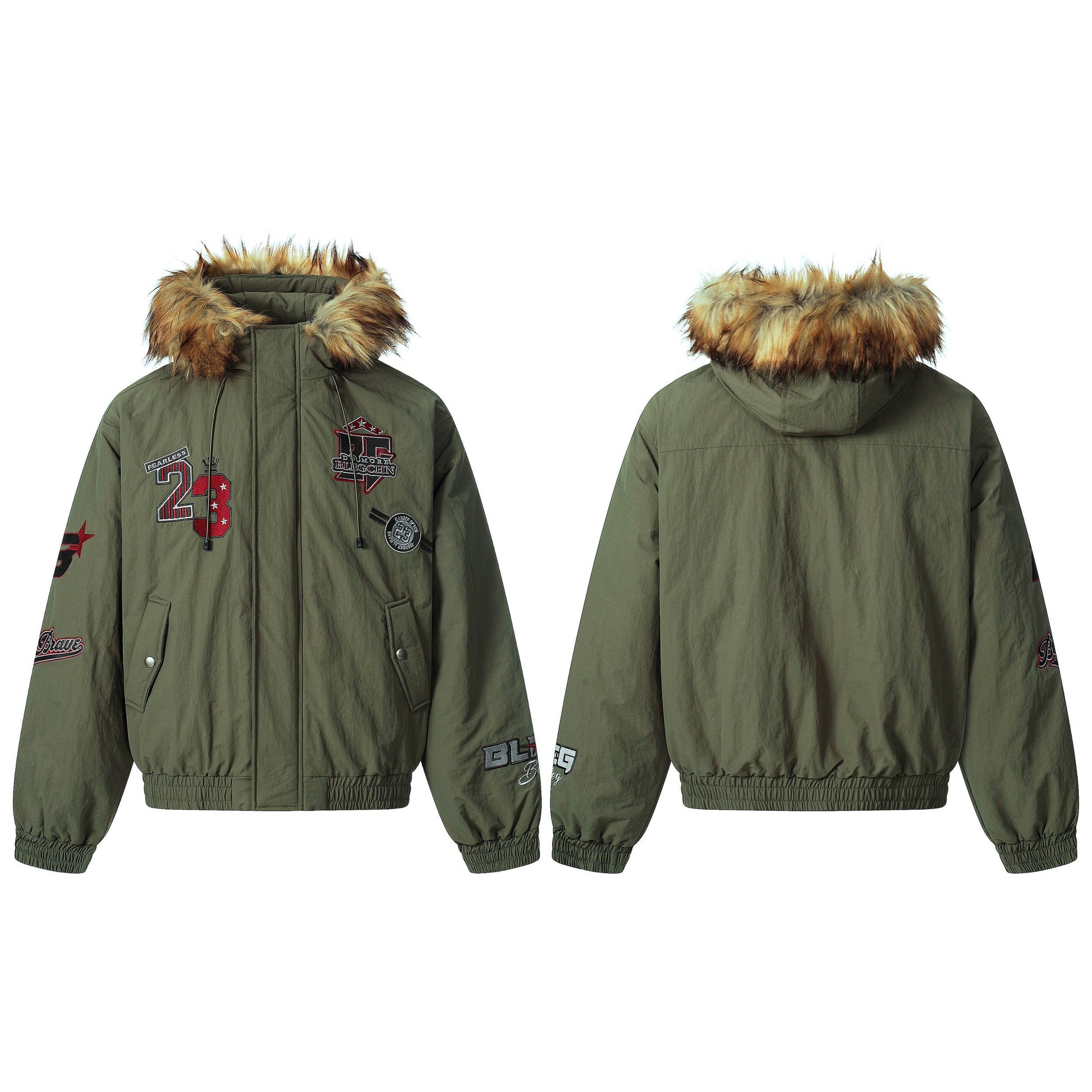 Patch Embroidered | Fur Hooded Jacket - Luxuryurbanwear