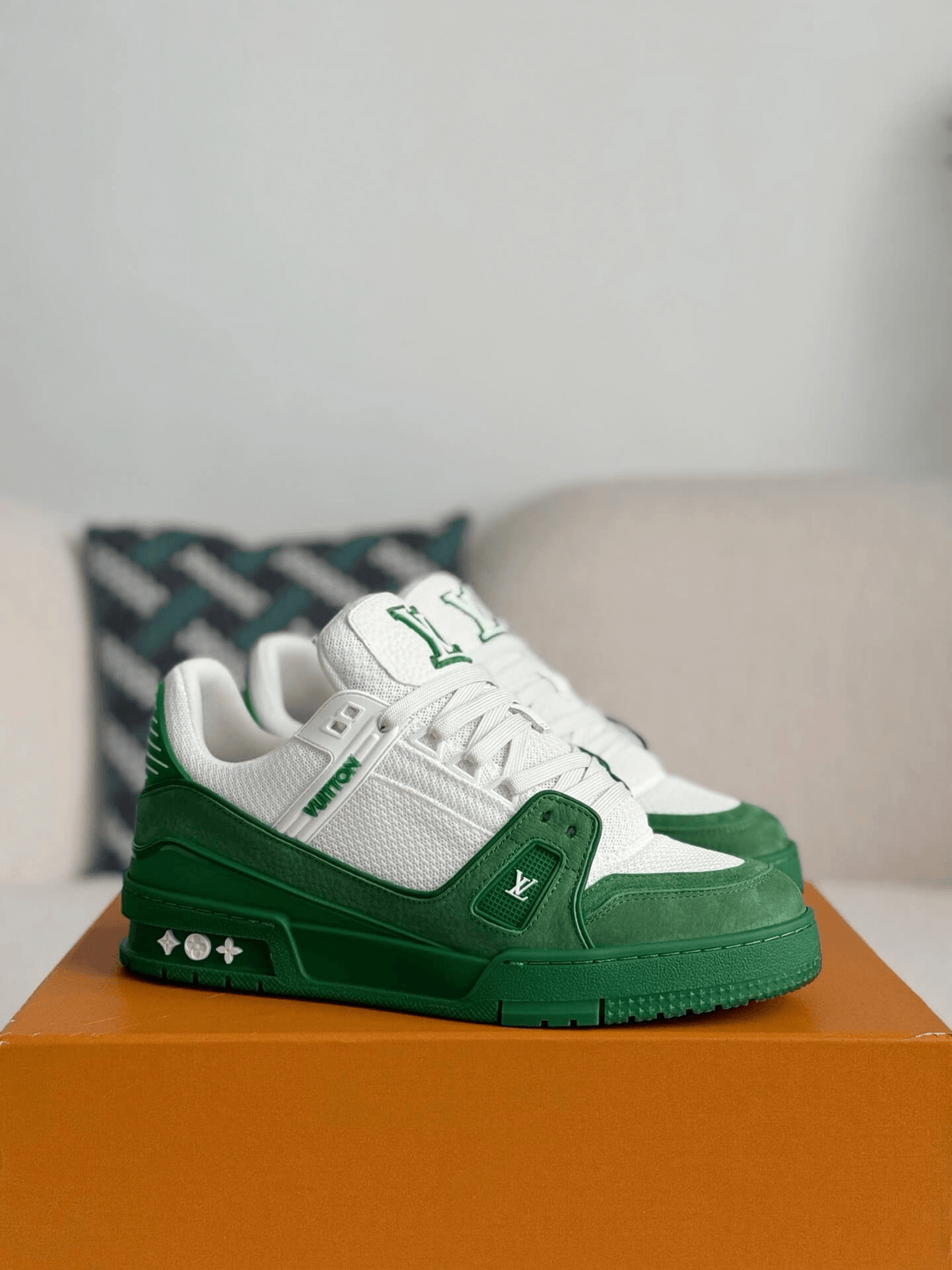 Louis Vuitton Trainer Green White Sneakers CUSTOM