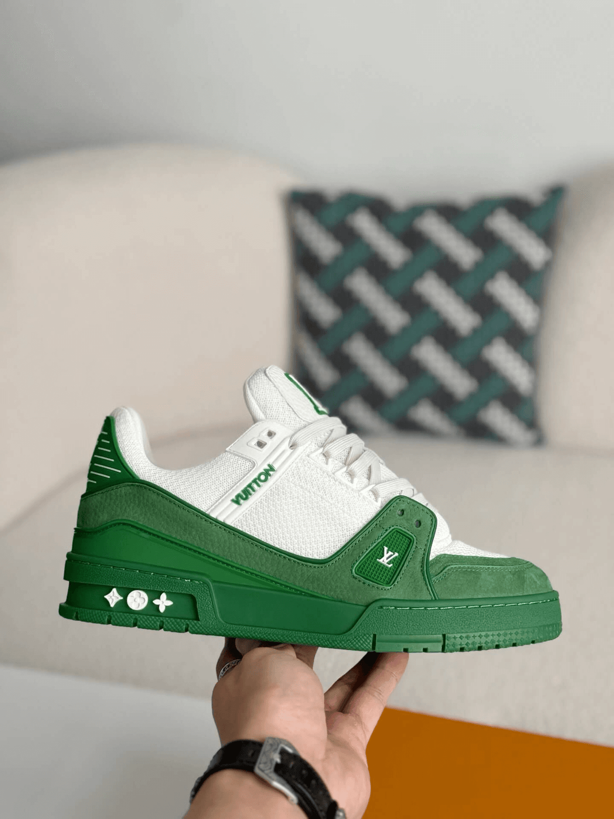 Louis Vuitton Trainer Green White Sneakers CUSTOM