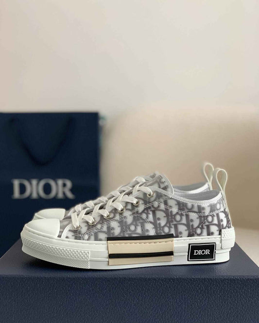 Dior B23 Low-Top Sneaker in White Dior Oblique Transparent Canvas with Gold-Tone Midsole Detail