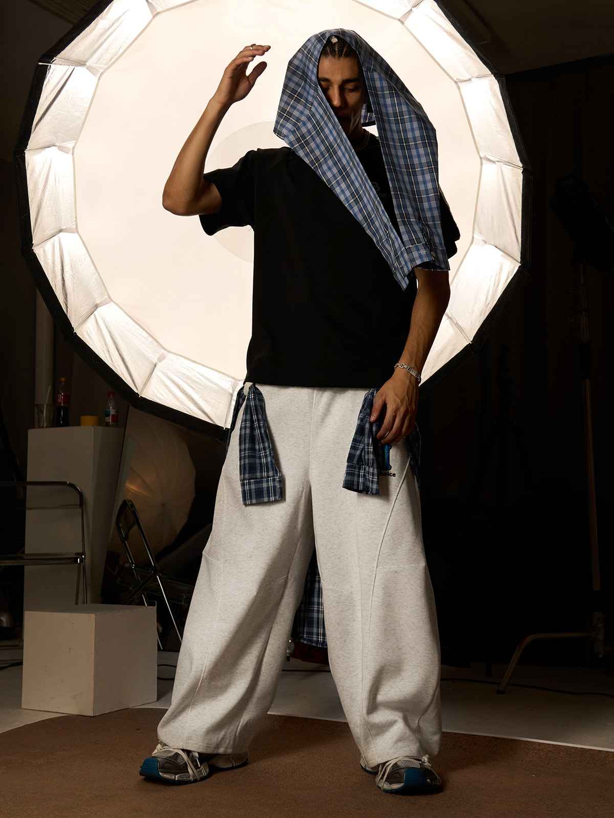 Plaid Belt Barrel Pants
