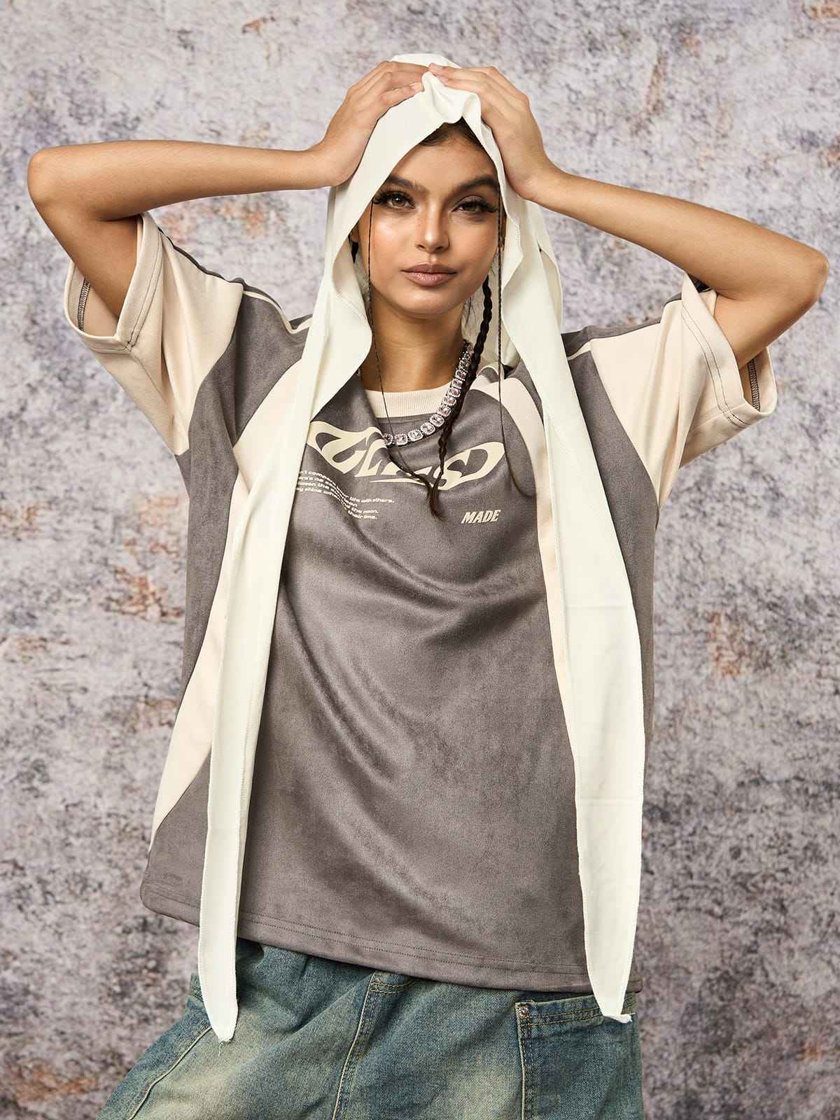 Deconstructed Contrast Color Stitching Printed T-shirt
