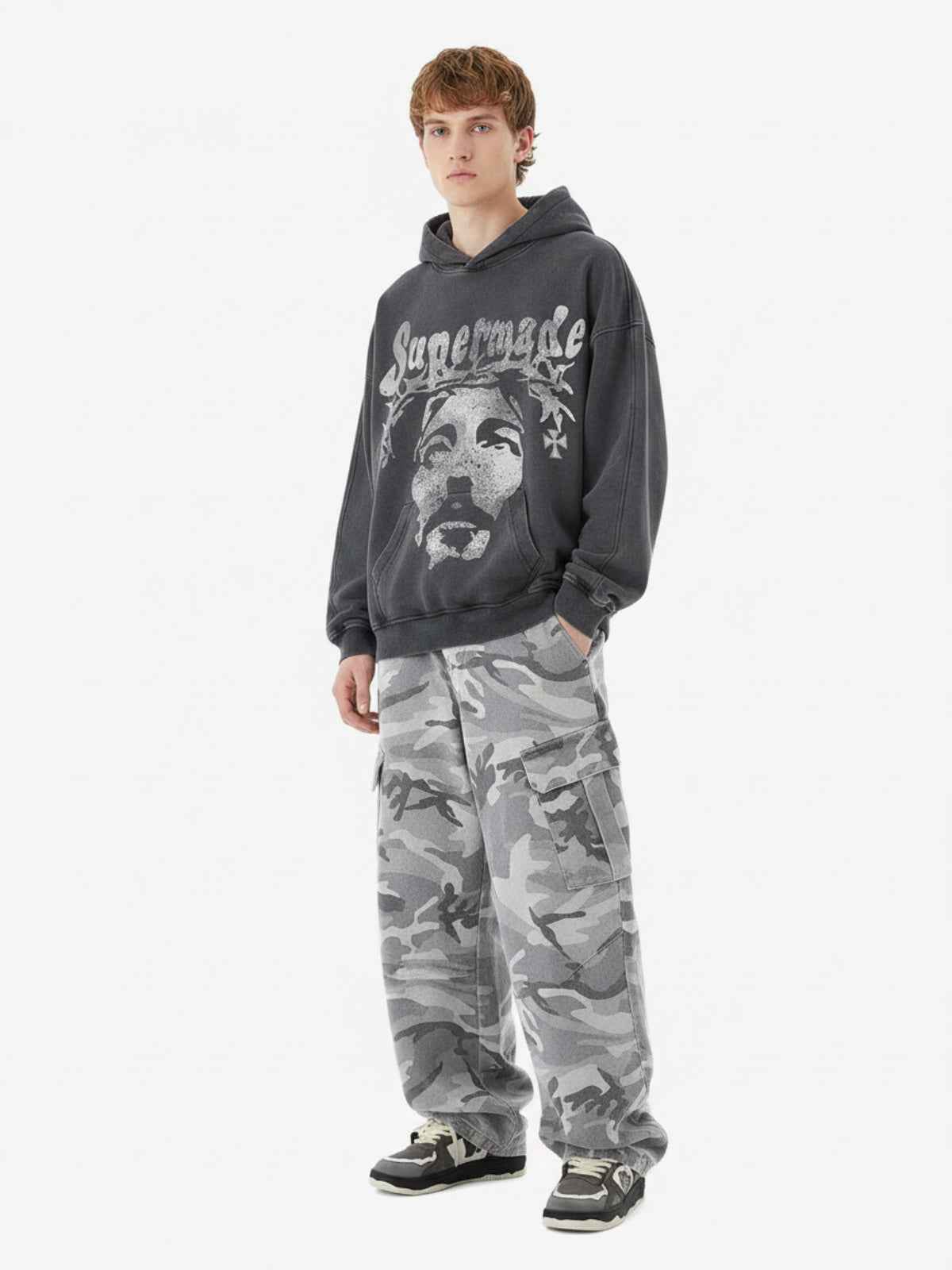 Snow Camouflage Machete Wide-Leg Cargo Barrel Pants - 2548