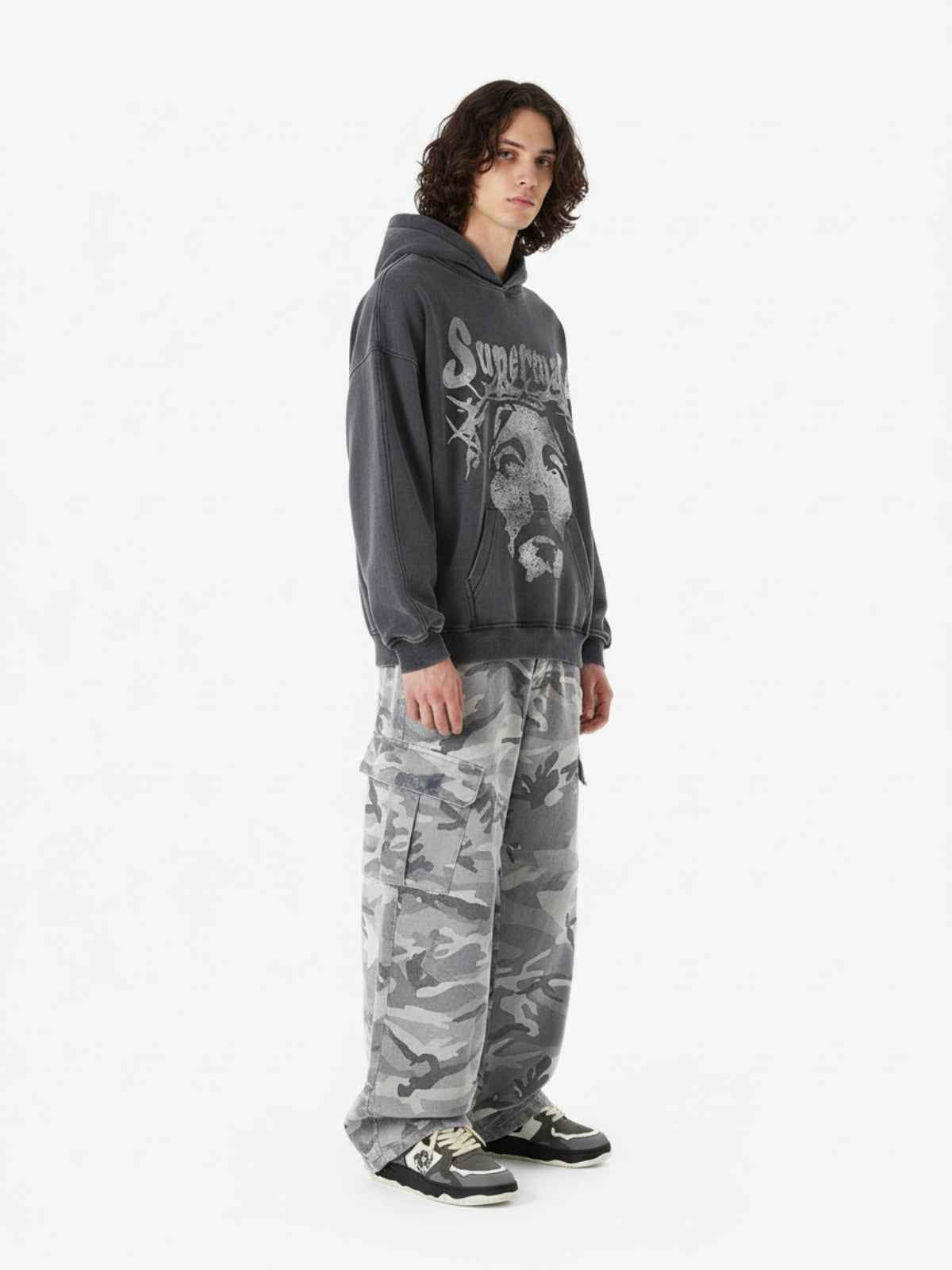 Snow Camouflage Machete Wide-Leg Cargo Barrel Pants - 2548