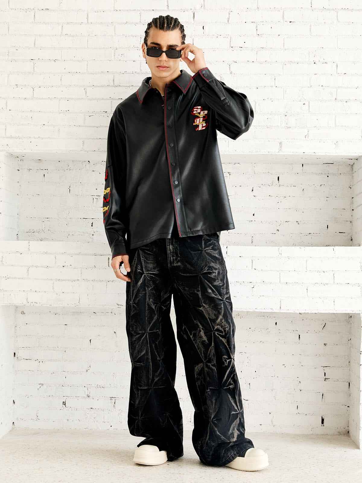 Denim Heavy Washed Distressed Pleated Baggy Jeans - 2282