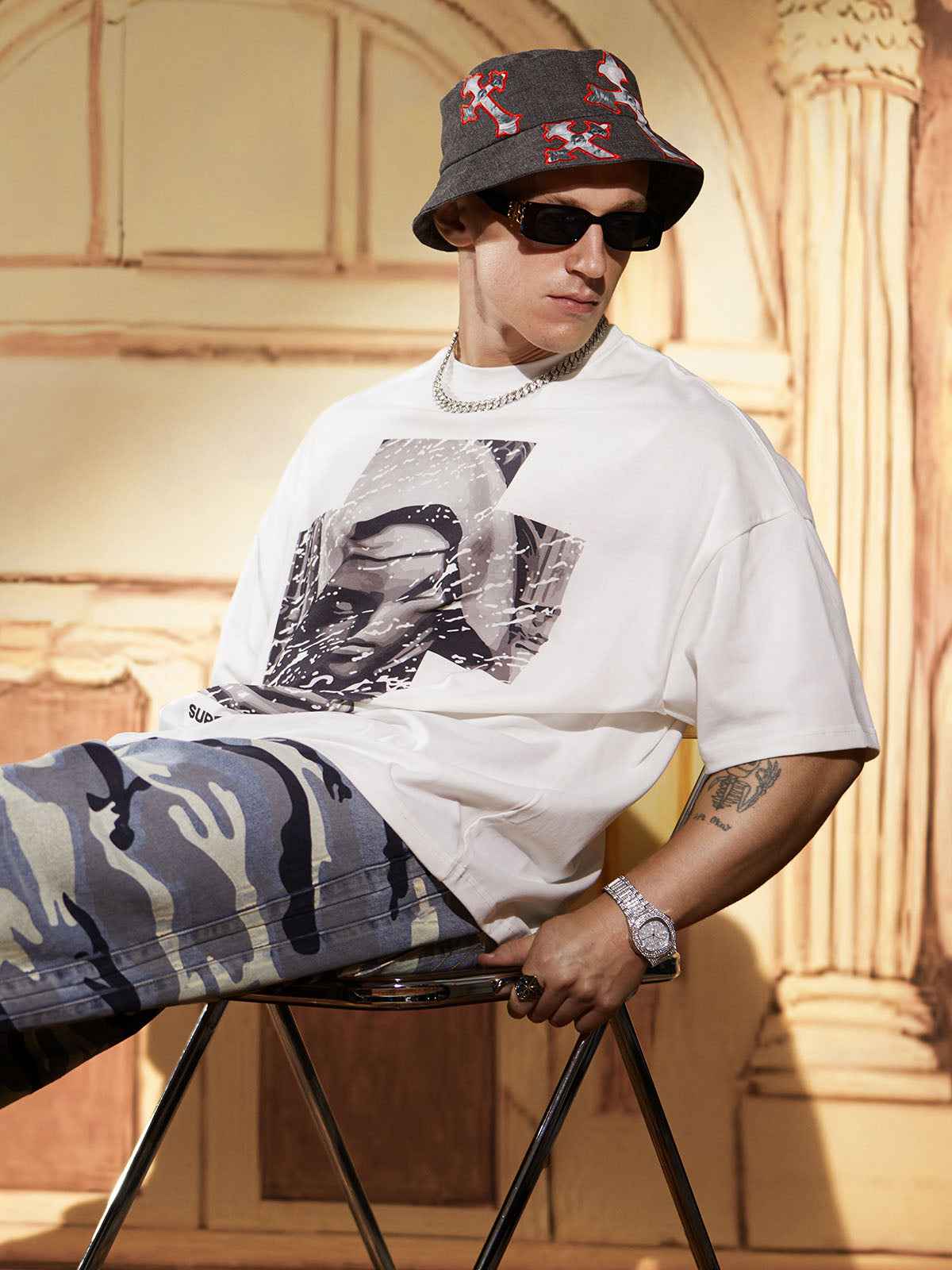 Cross And Portrait Denim Bucket Hat