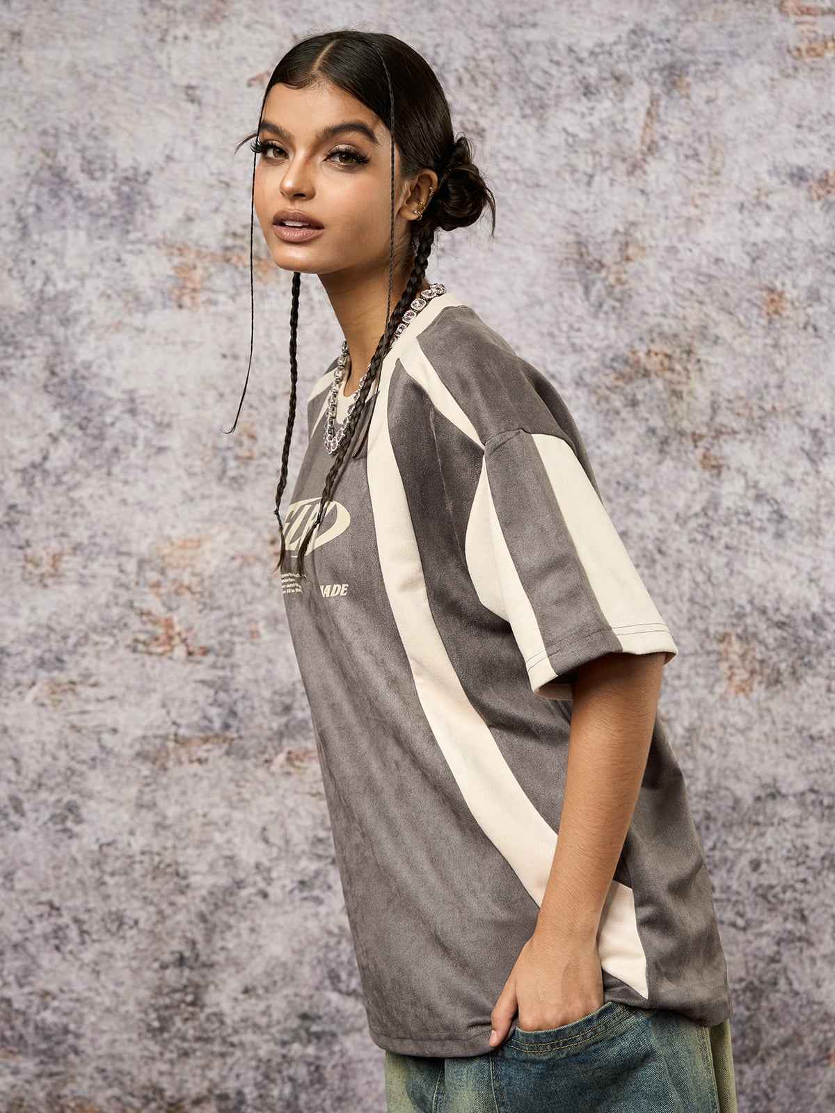 Deconstructed Contrast Color Stitching Printed T-shirt