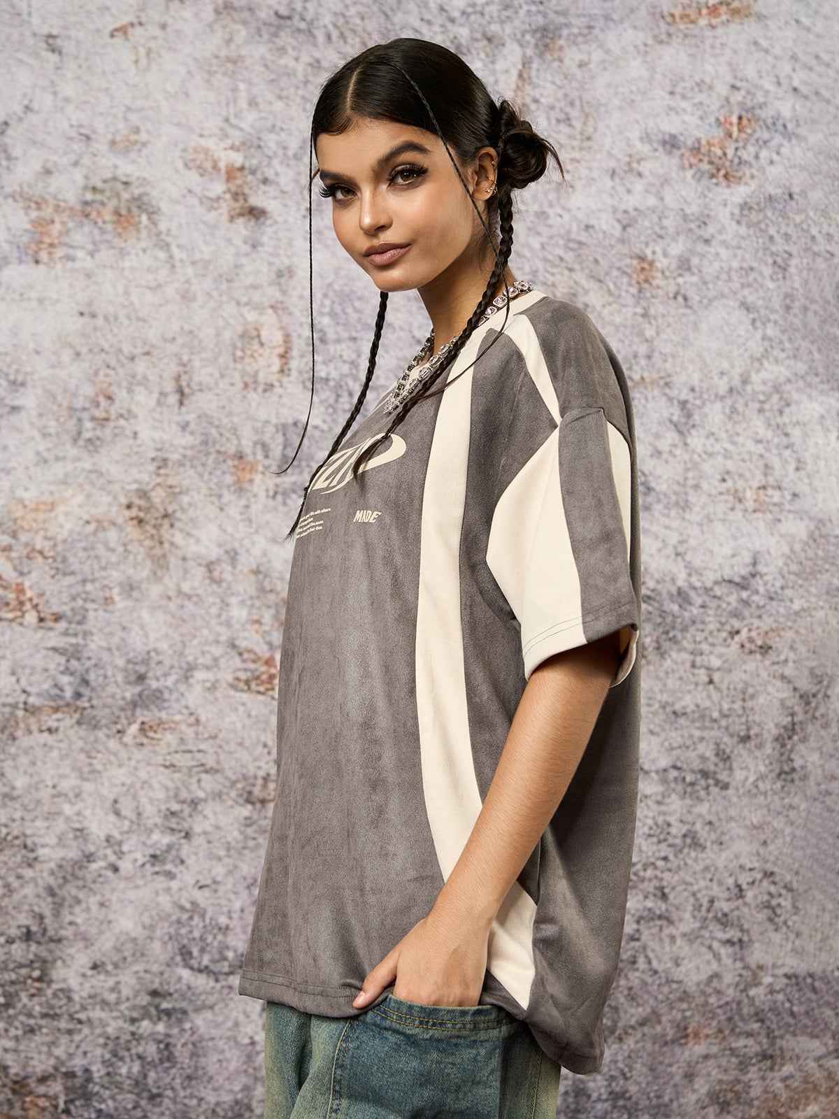 Deconstructed Contrast Color Stitching Printed T-shirt