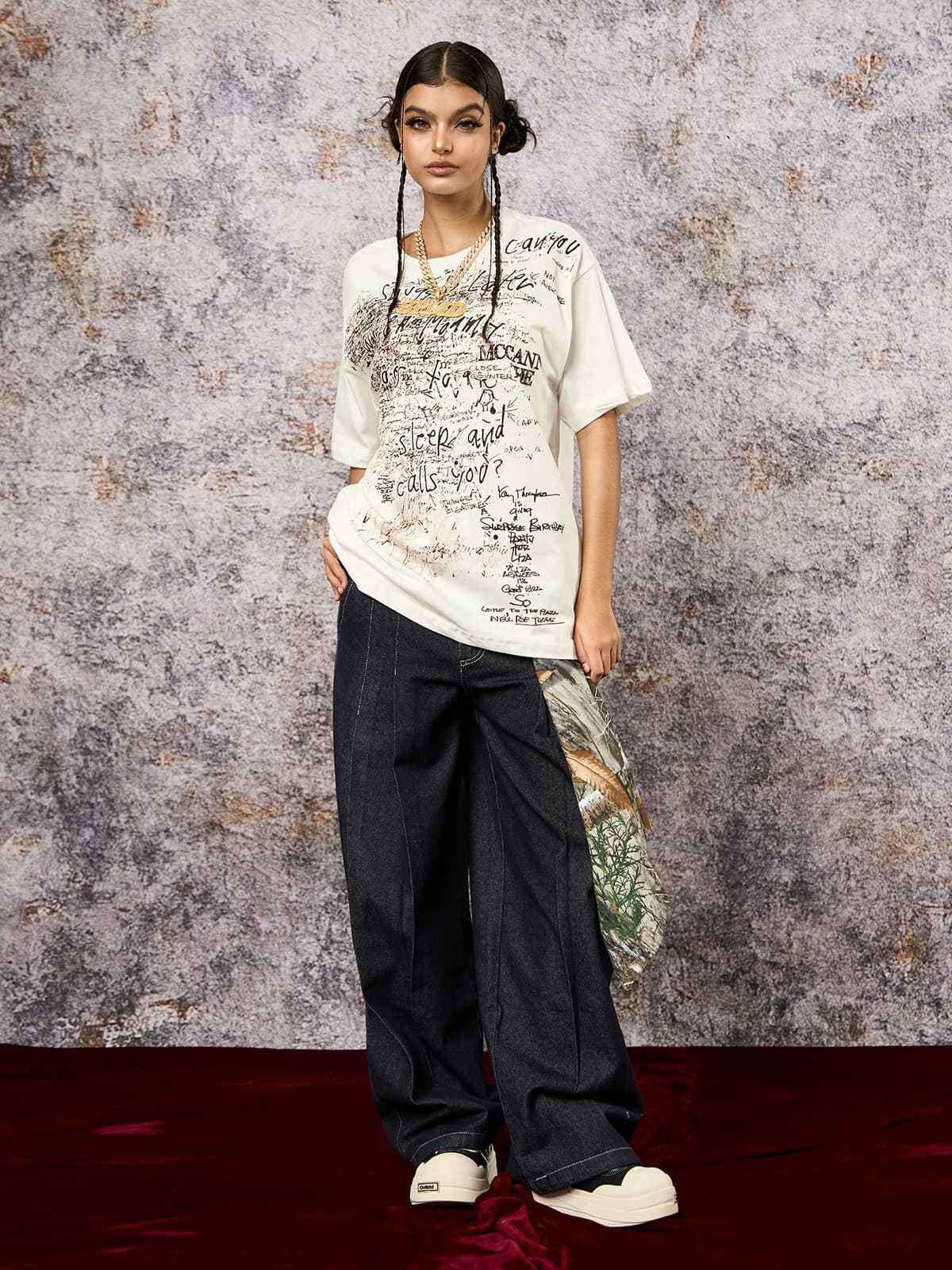 Deconstructed Contrast Stitching Pleated Baggy Barrel Jeans - 2343