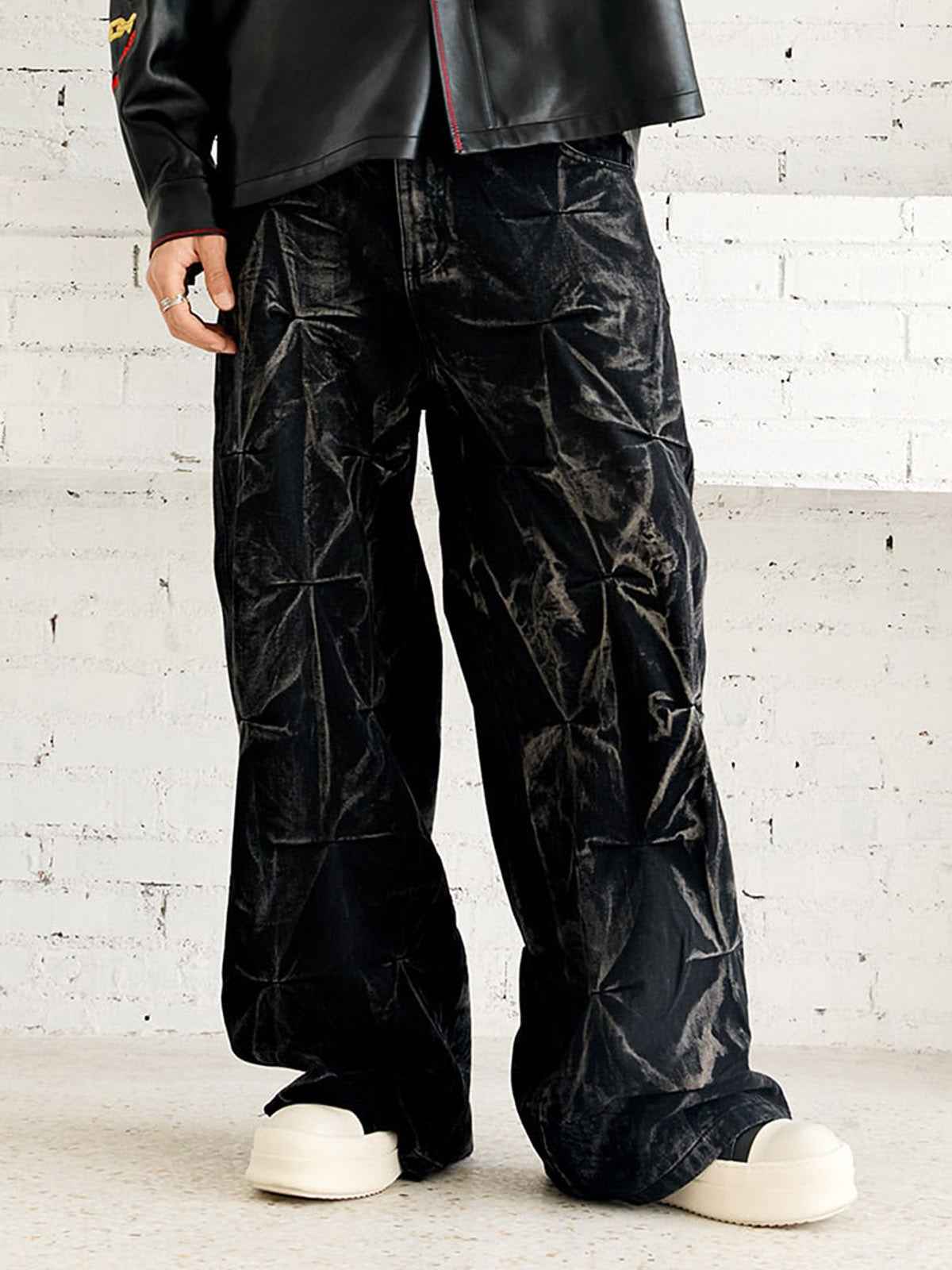 Denim Heavy Washed Distressed Pleated Baggy Jeans - 2282