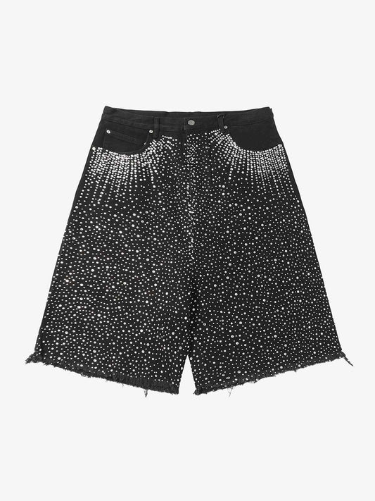 Retro Washed Rhinestone Raw Edge Denim Shorts - 2419