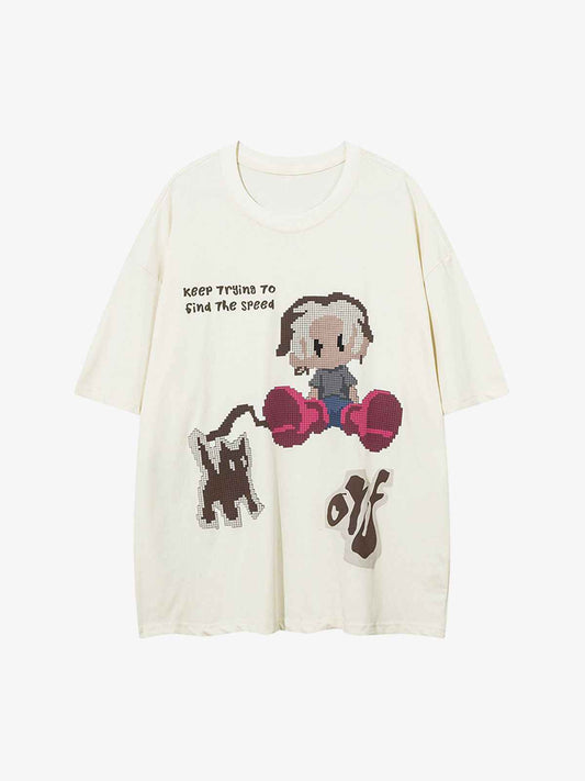 Front view of model wearing unisex oversized t-shirt with pixel art cartoon character