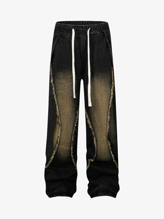 Washed Distressed Raw Edge Drawstring Jeans