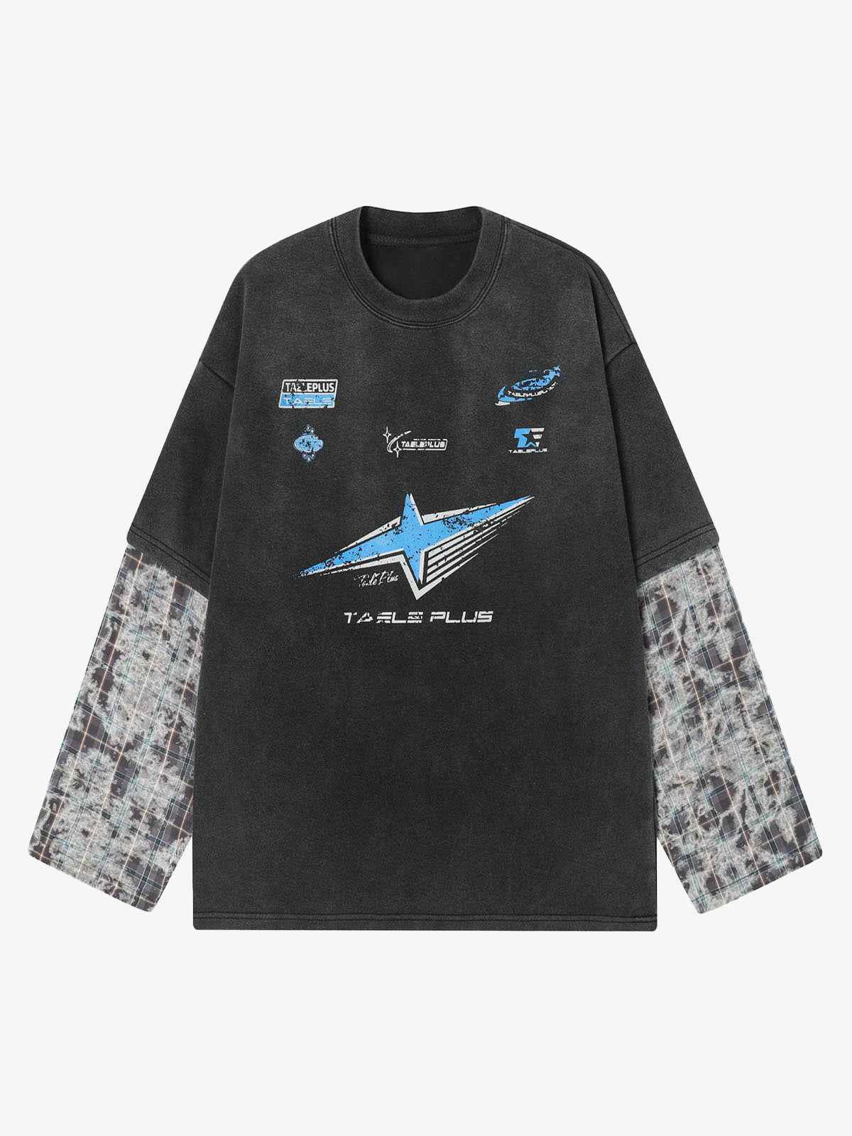Washed Faux Two-Piece Racing Long Sleeve T-shirt - 2543