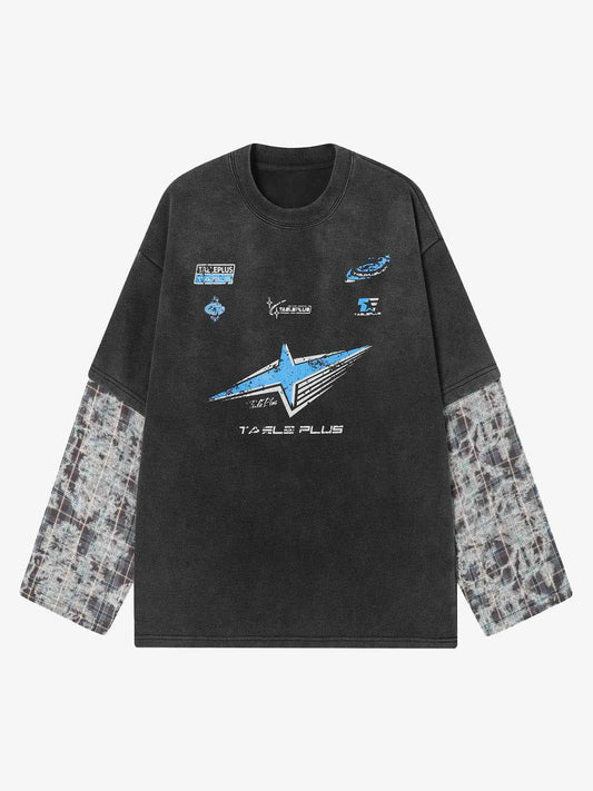 Washed Faux Two-Piece Racing Long Sleeve T-shirt - 2543