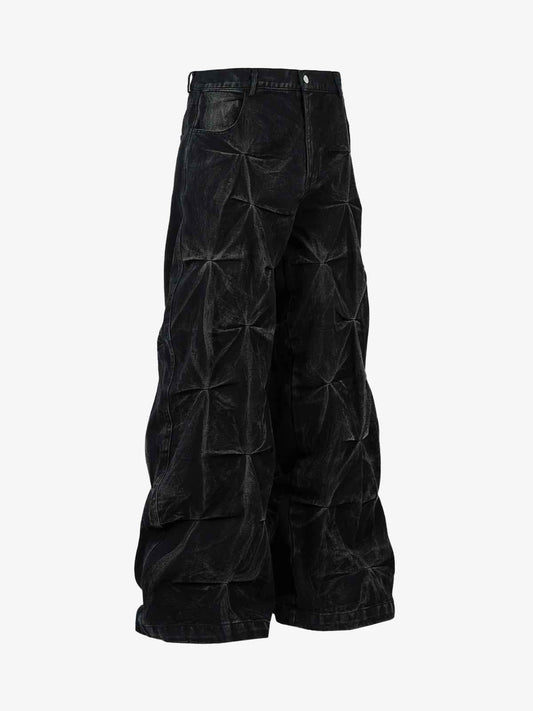 Denim Heavy Washed Distressed Pleated Baggy Jeans - 2282