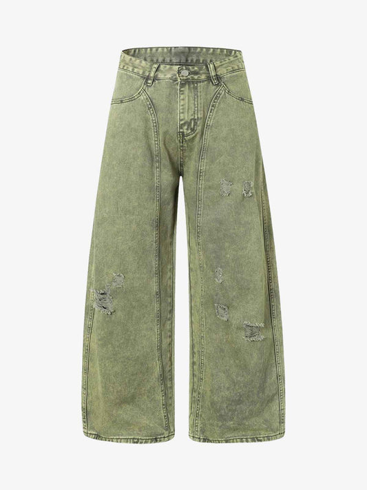 Washed Distressed Ripped Barrel Jeans