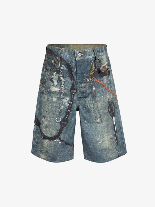 Retro Scissors Print Cropped Denim Shorts - 2501