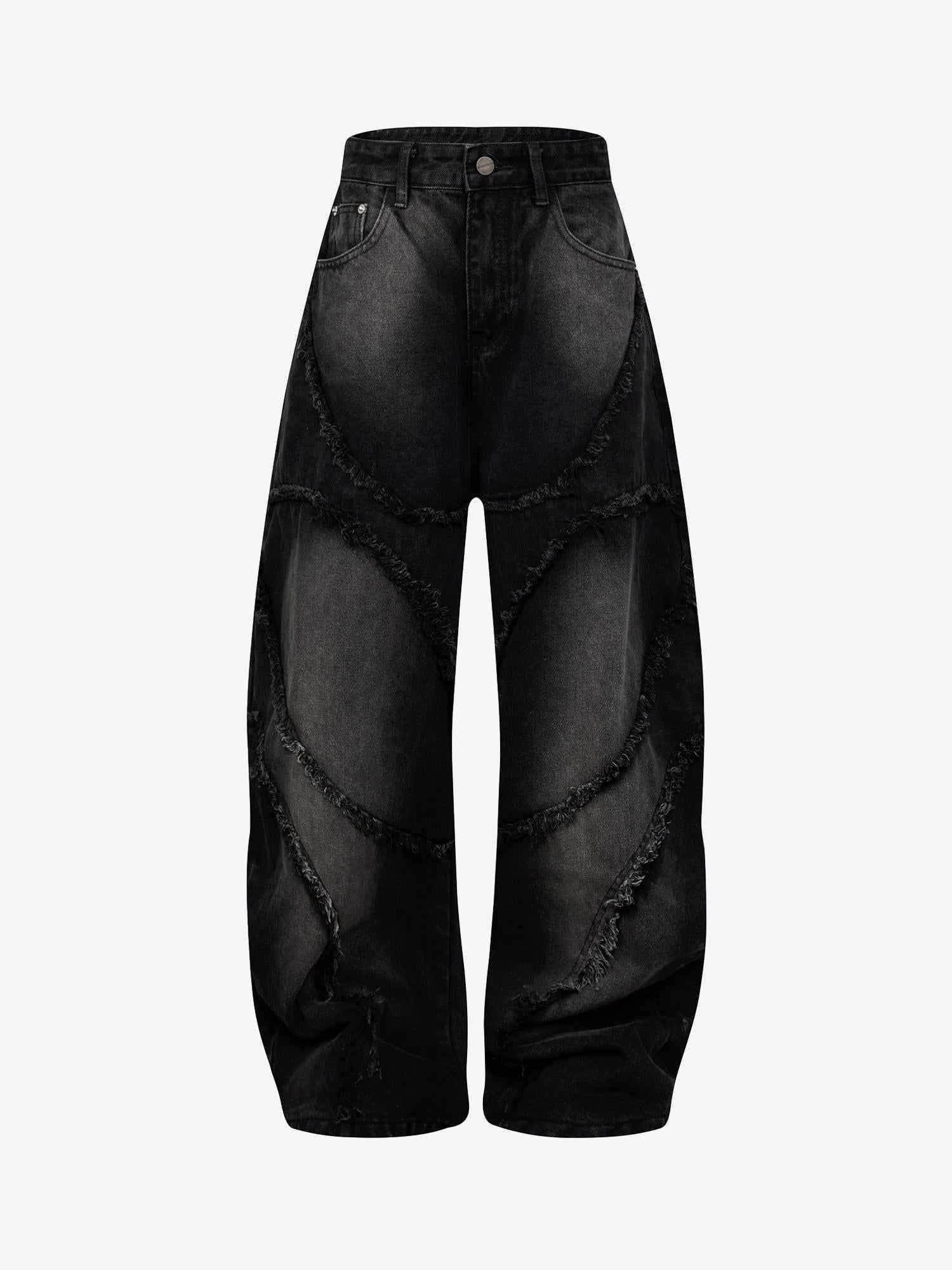 Washed Distressed Raw Edge Barrel Jeans - 2402