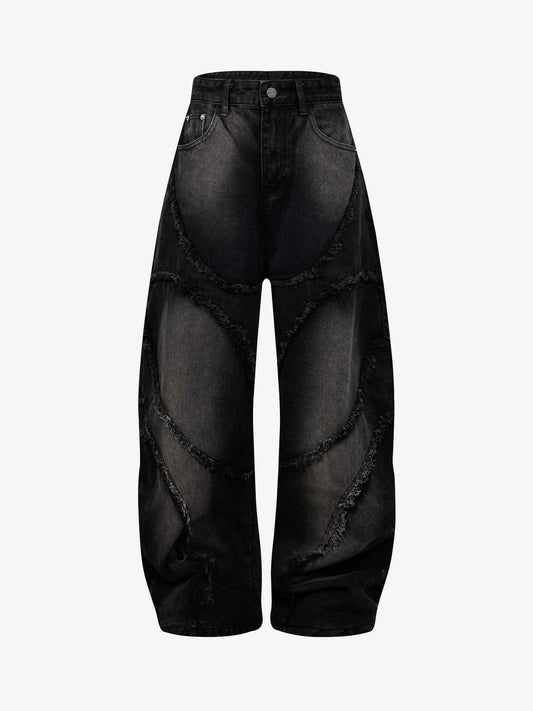 Washed Distressed Raw Edge Barrel Jeans - 2402