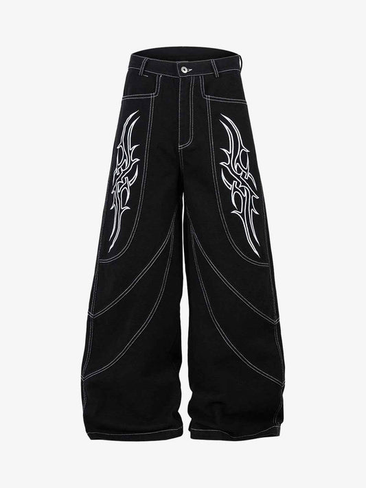 Deconstructed Contrast Embroidered Baggy Jeans - 2330